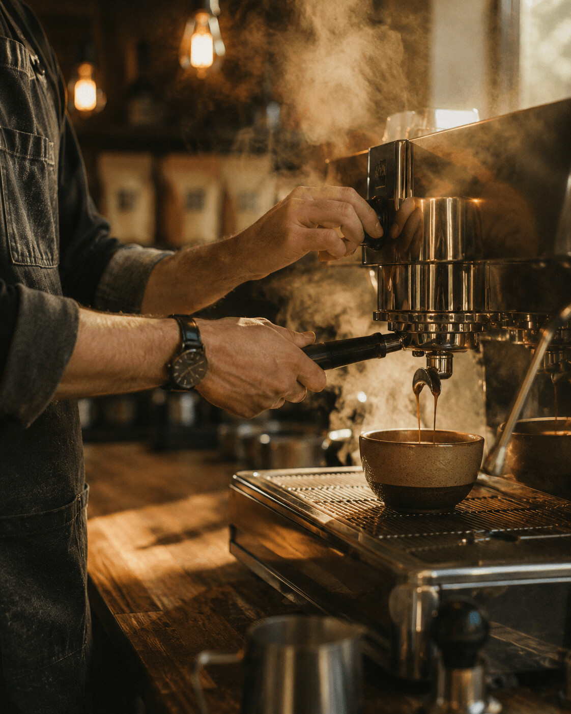 A barista pulling an espresso shot on a chrome La Marzocco machine, steam rising in warm morning light.