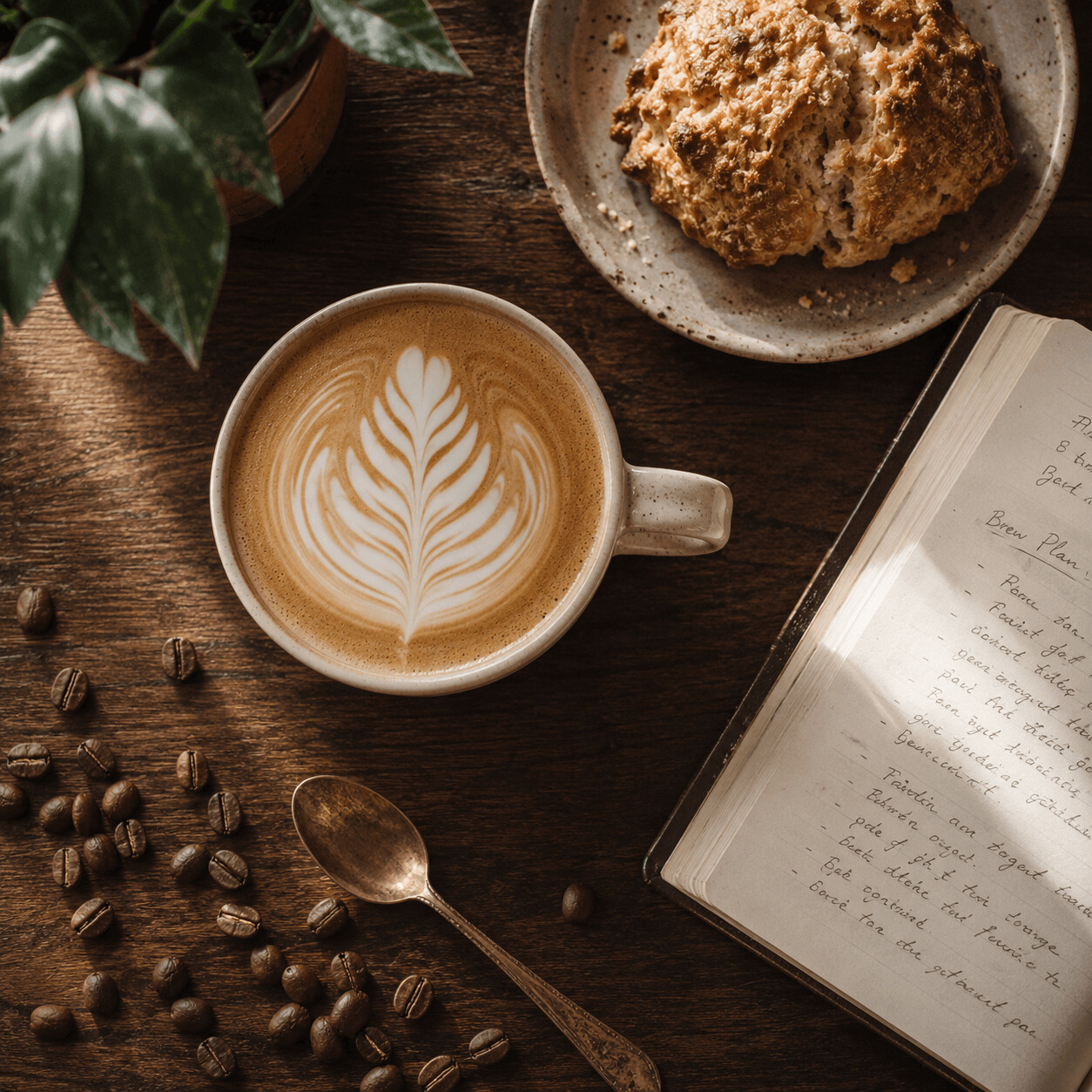 Overhead view of a latte with leaf art beside a pastry and an open notebook on wood.