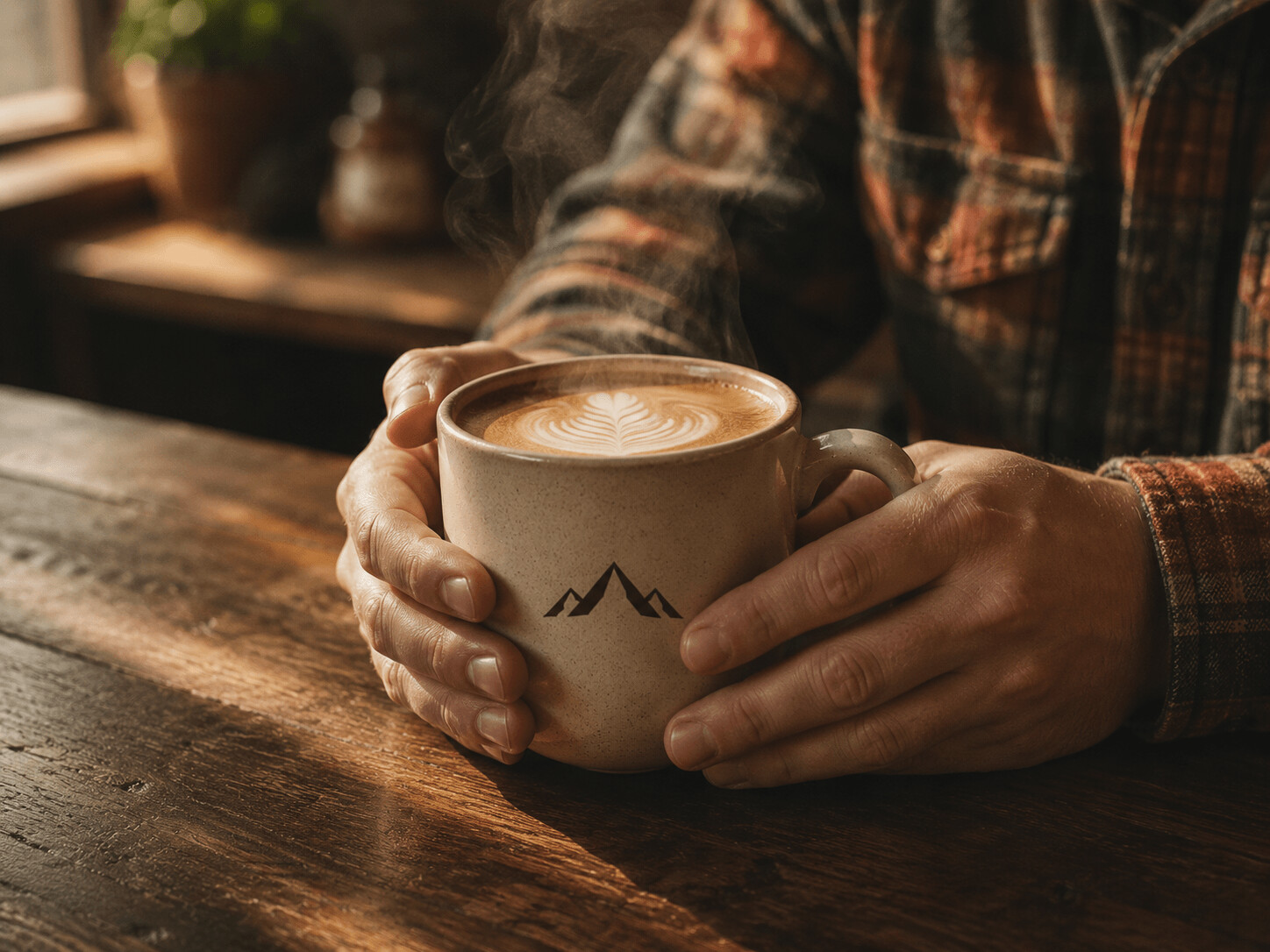 Hands holding a ceramic Ozarks Coffee Co mug, a plaid sleeve visible at the cuff.