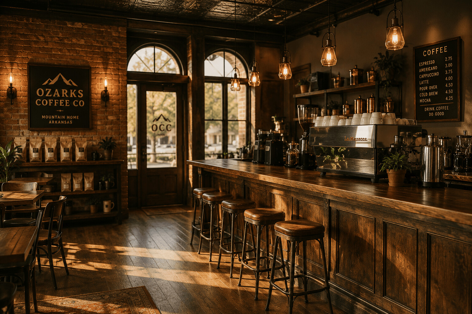 The shop interior on East Main: reclaimed-wood bar, exposed brick, Edison-bulb pendants, morning light through the front windows.