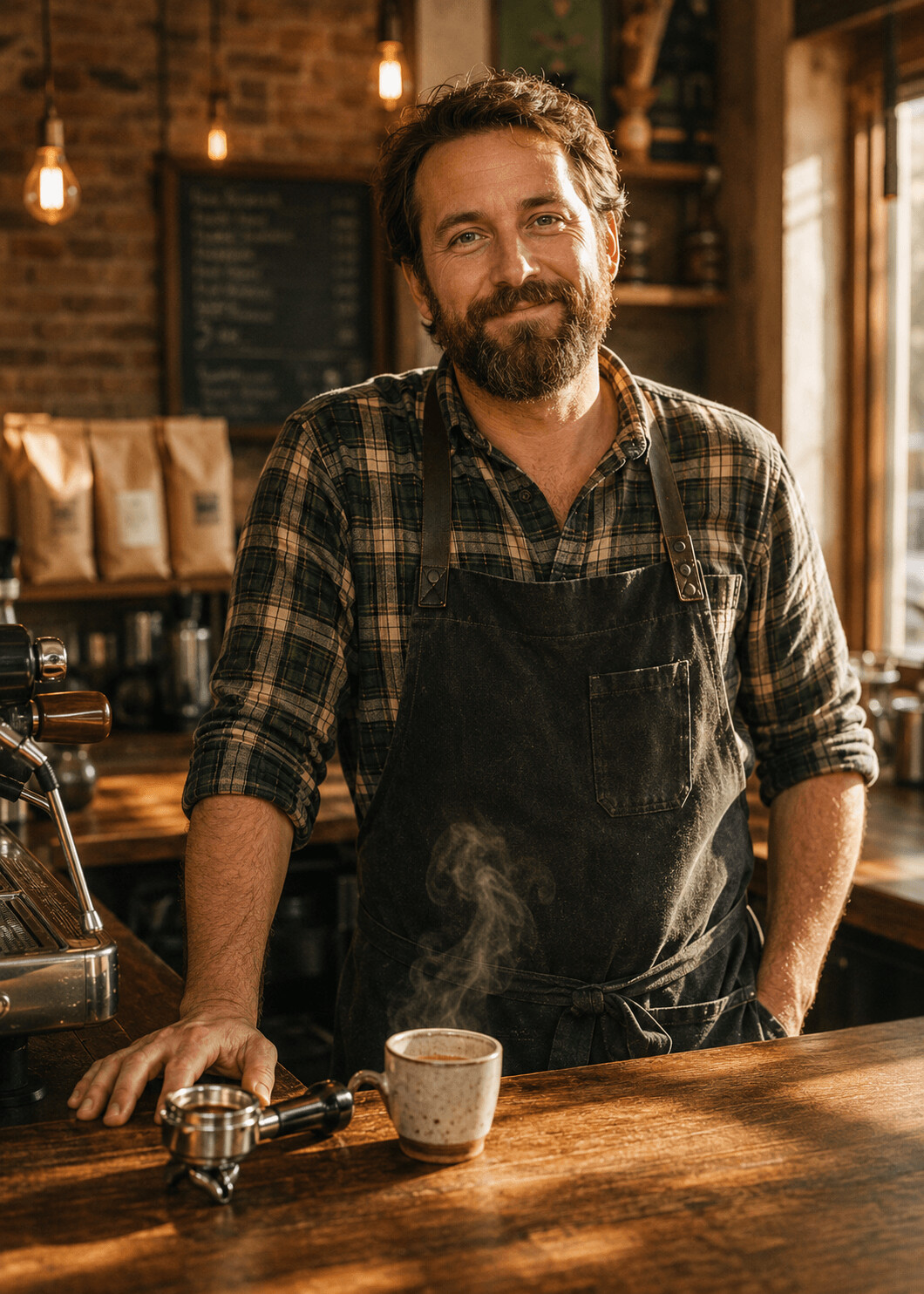 Bill Tyson, bearded and wearing a flannel shirt and apron, smiling behind the bar in warm morning light.