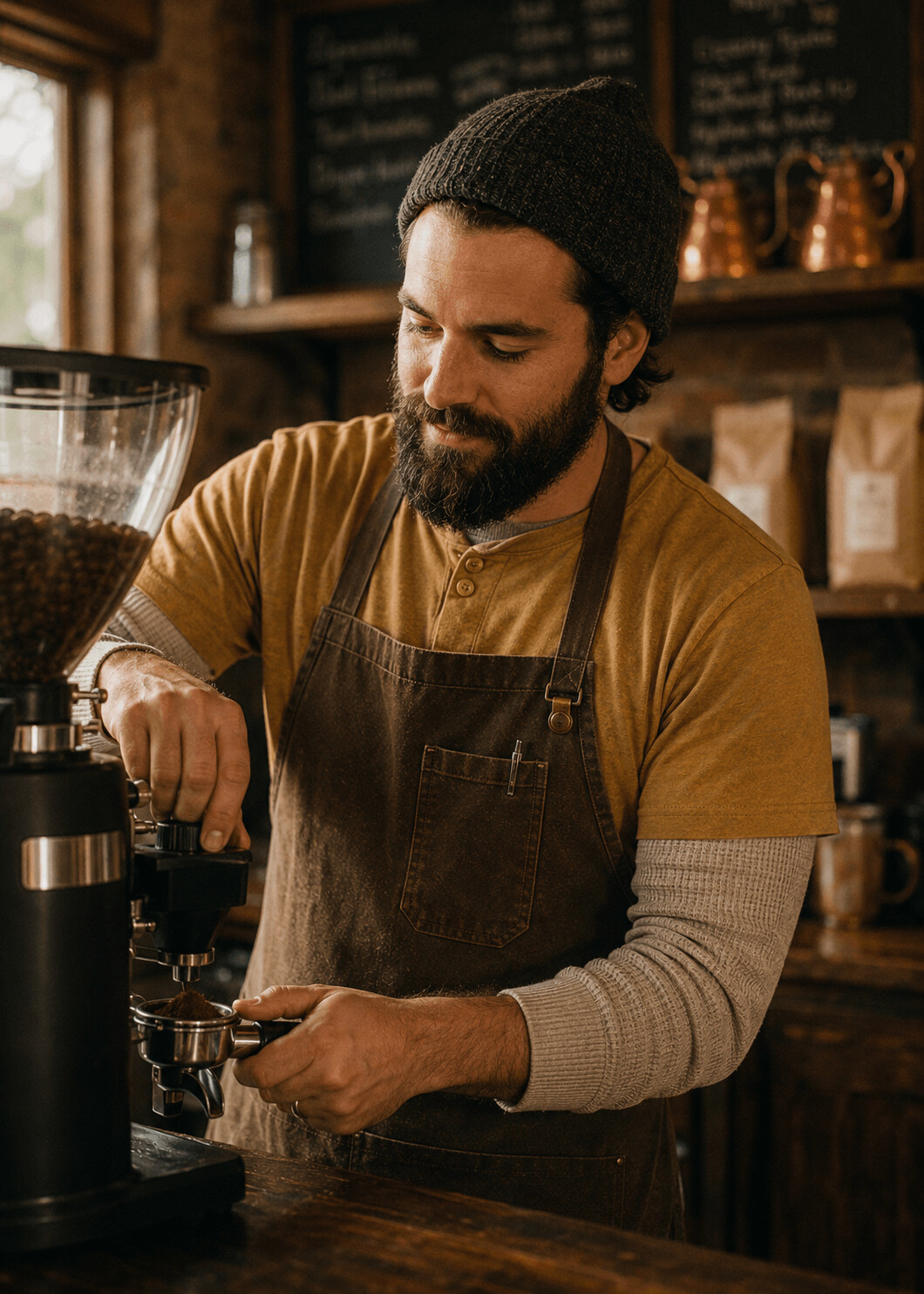 Jesse Collins, bearded and wearing a beanie and apron, dialing in the grinder behind the bar.