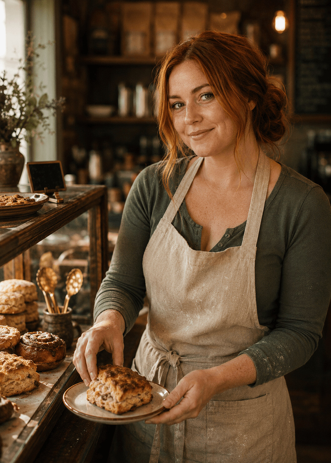 Marigold Hayes, hair tied back and wearing an apron, plating a fresh-baked scone in the pastry case.
