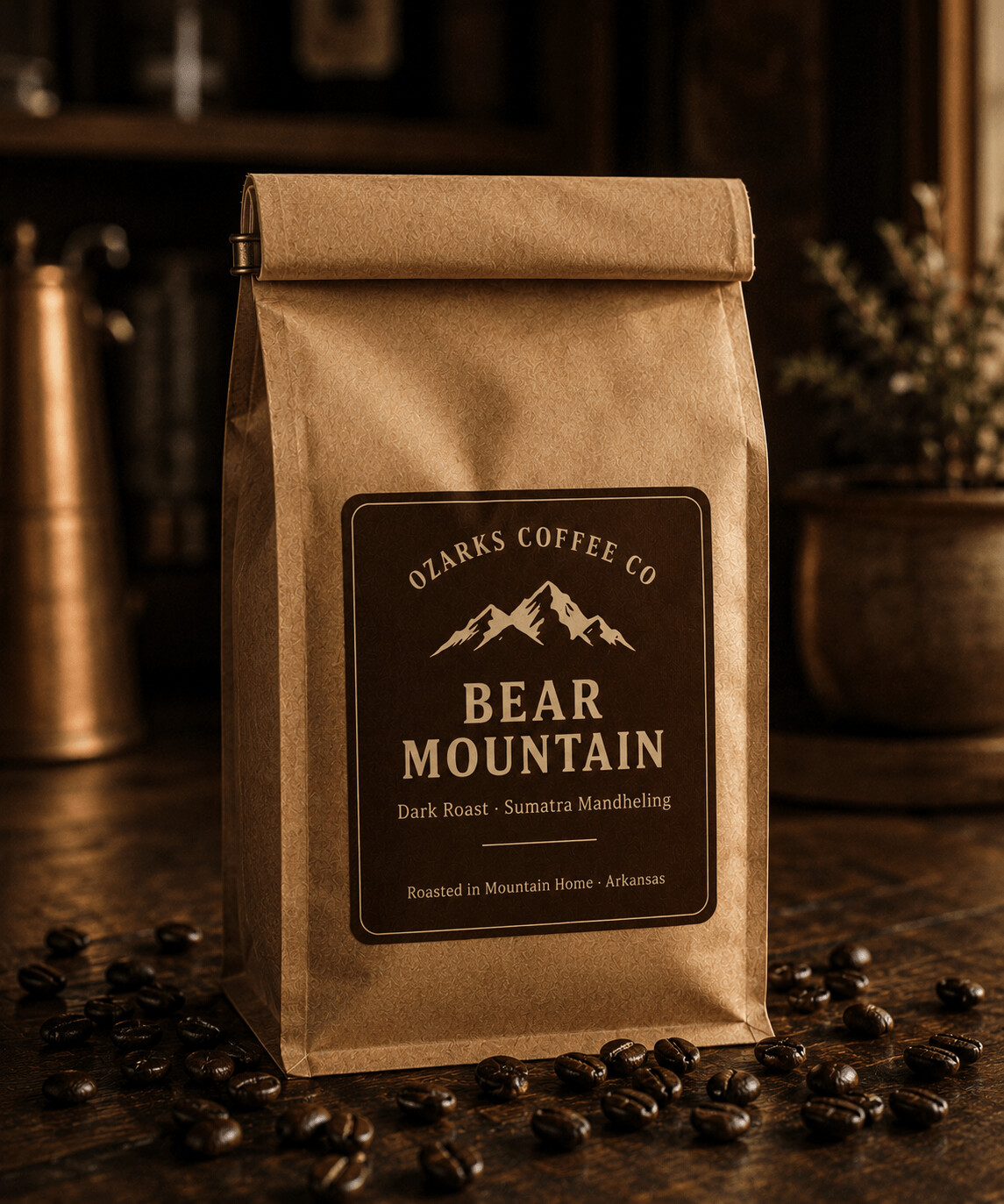 A kraft-paper bag of Bear Mountain Dark with an espresso-brown label, on dark wood.