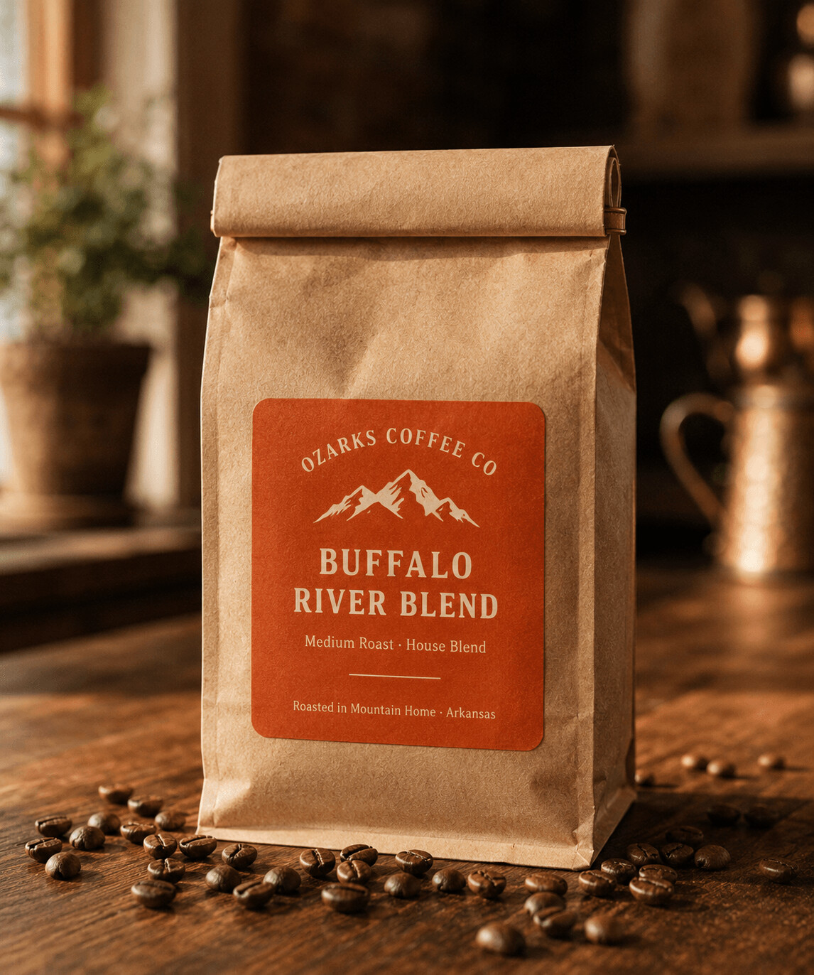A kraft-paper bag of Buffalo River Blend on a wooden surface, whole beans scattered around it.