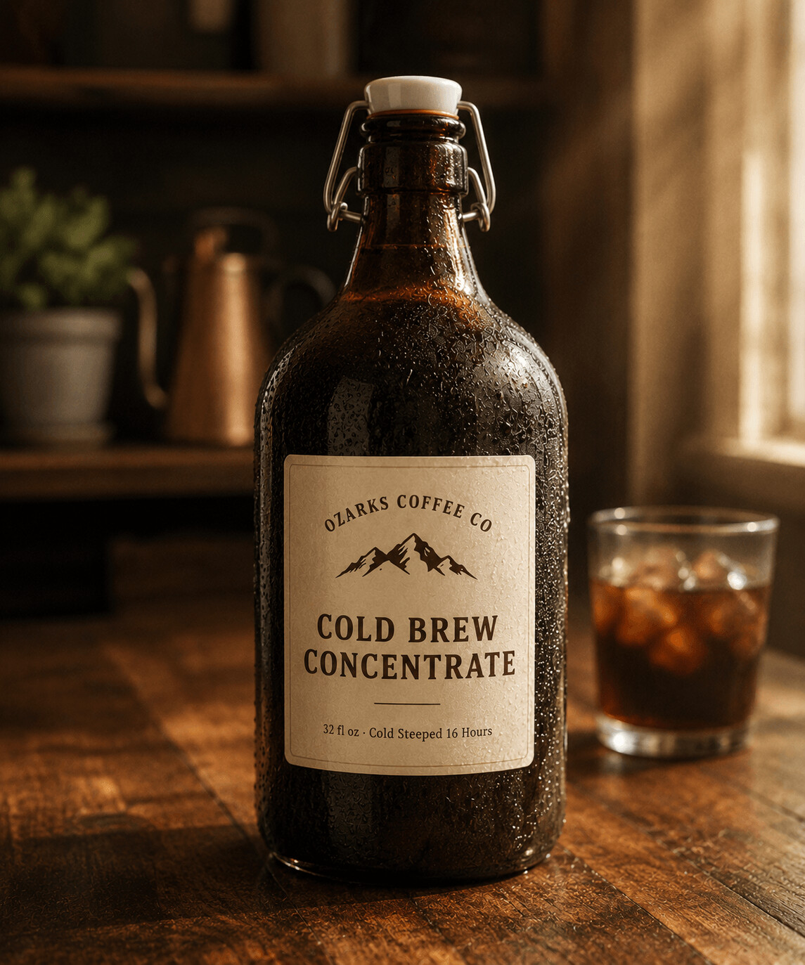 A glass bottle of Cold Brew Concentrate with a cream label, on a wooden surface.