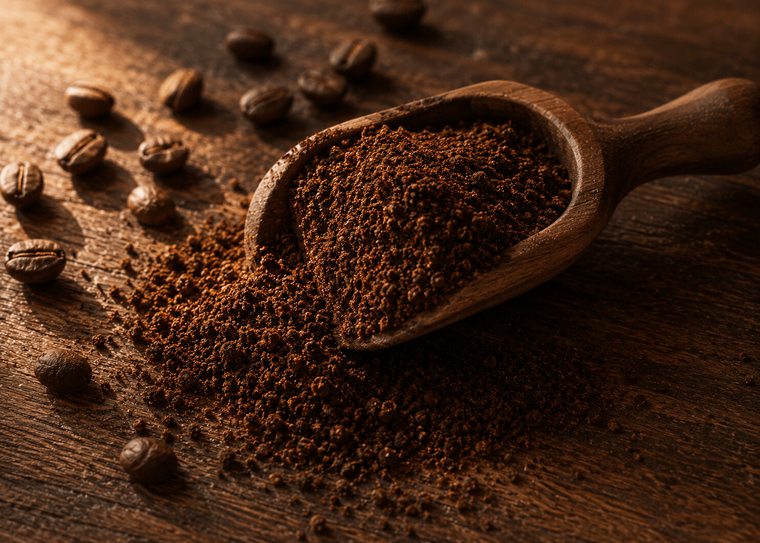 A wooden scoop full of freshly ground coffee.