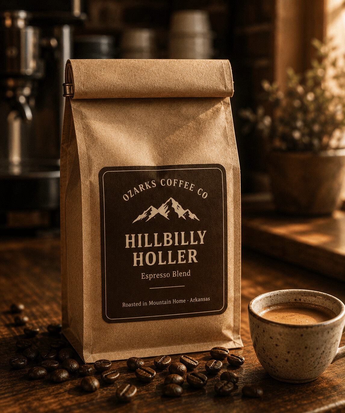 A kraft-paper bag of Hillbilly Holler Espresso with a dark label, on a wooden countertop.