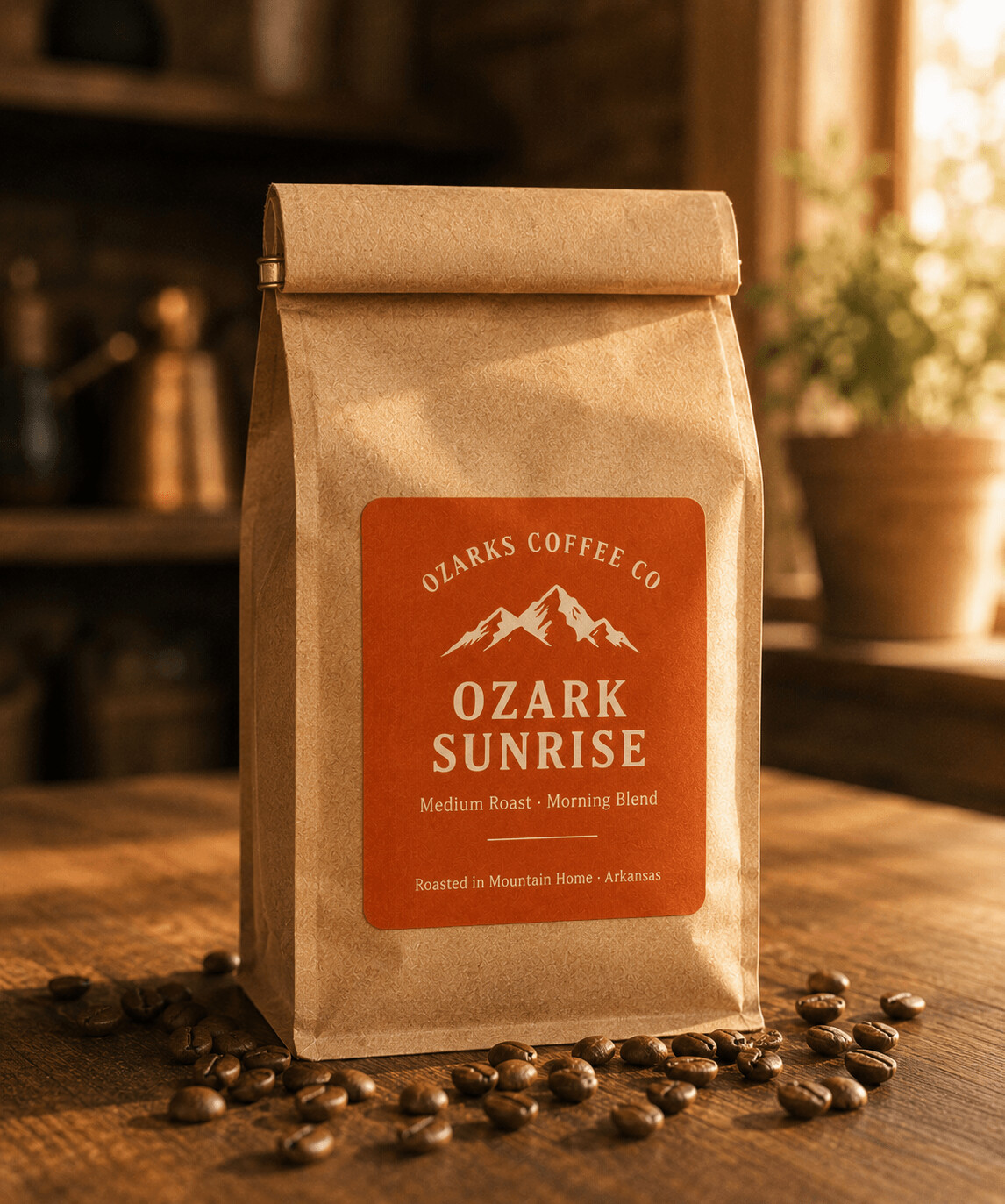 A kraft-paper bag of Ozark Sunrise with a terracotta label, beside a few whole coffee beans.