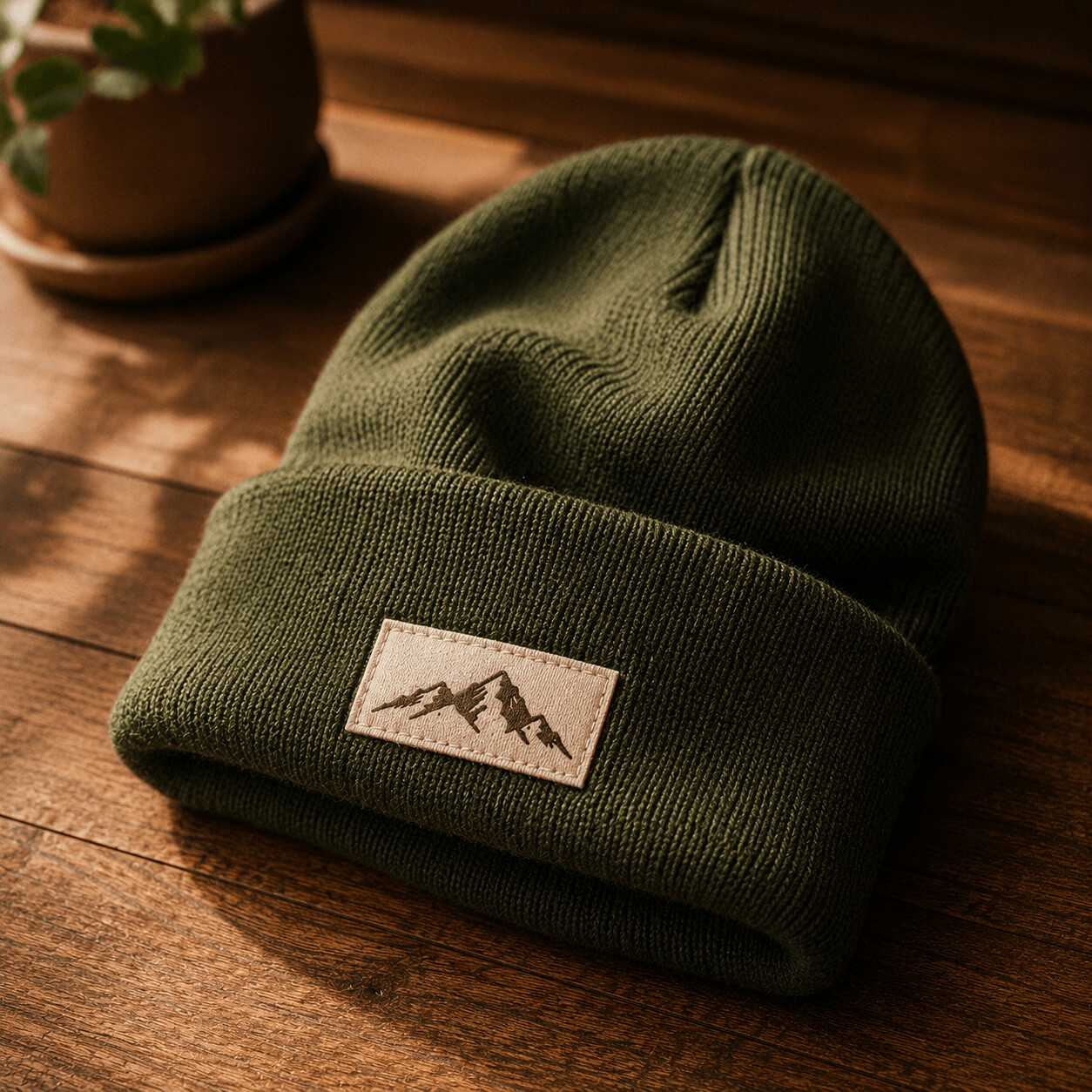 A forest-green knit beanie with an embroidered OCC patch on the cuff.