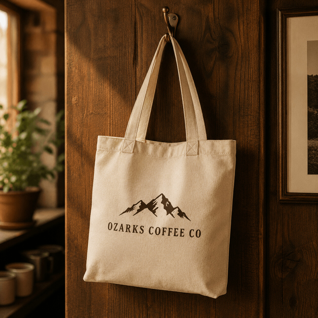 A natural canvas tote bag with the OCC mountain logo screen-printed in espresso brown.