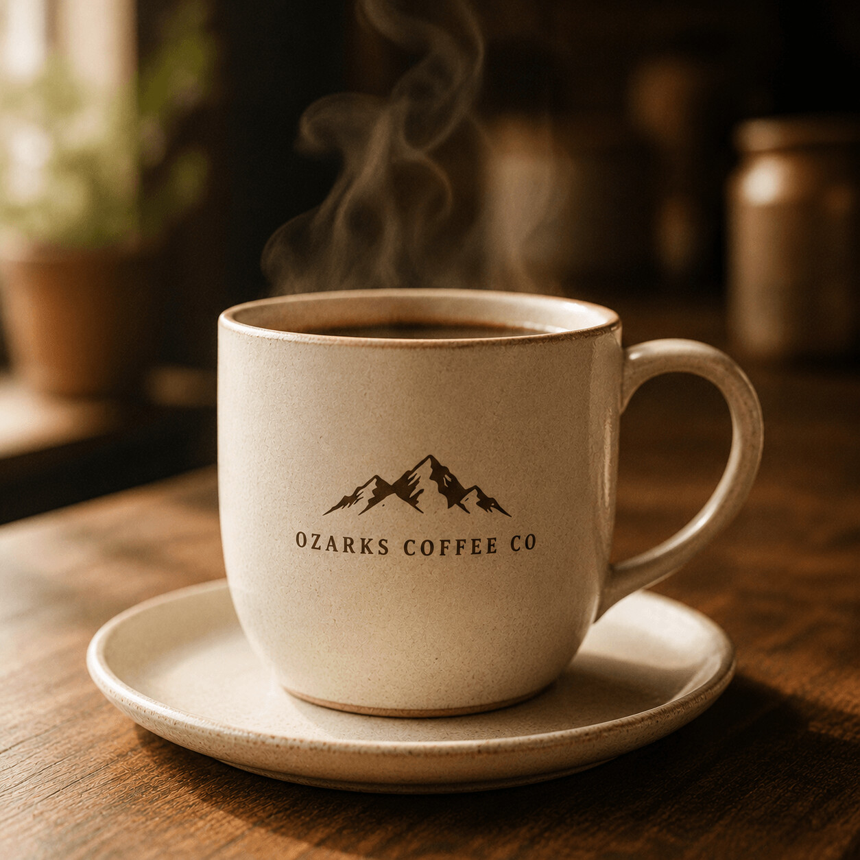 A cream ceramic mug with the Ozarks Coffee Co logo, on a saucer with steam rising.