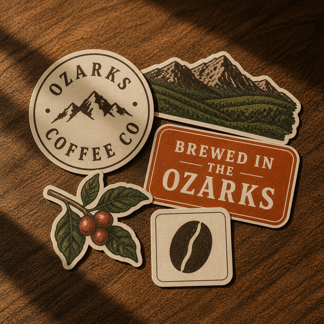 Five die-cut stickers laid out on wood: the logo, a mountain scene, a Brewed in the Ozarks badge, and a coffee-cherry illustration.