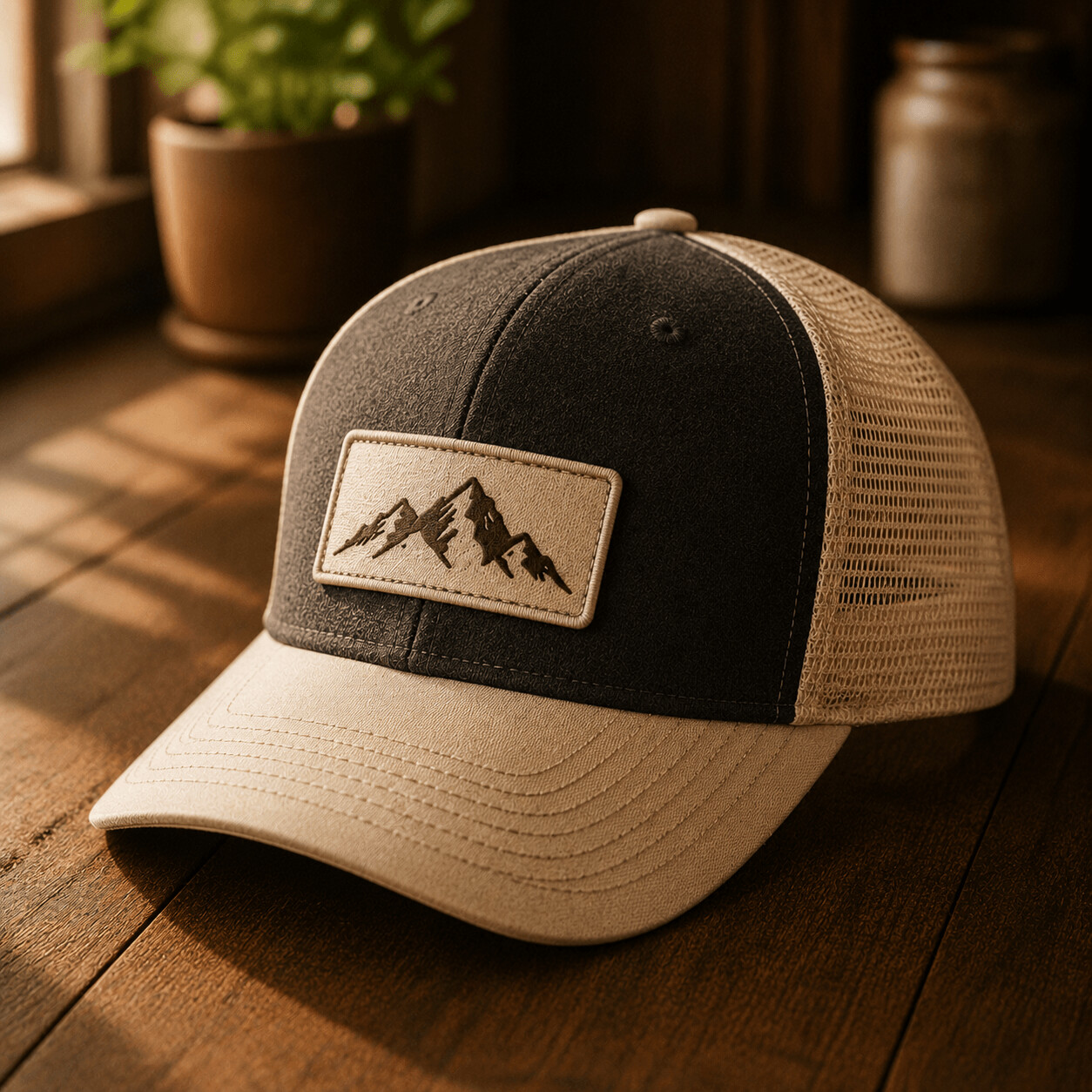 A curved-brim trucker hat in charcoal and cream with a mountain patch on the crown.